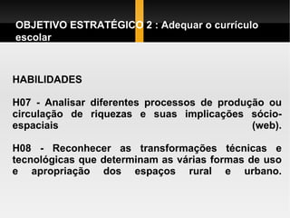HABILIDADES H07 - Analisar diferentes processos de produção ou circulação de riquezas e suas implicações sócio-espaciais (web). H08 - Reconhecer as transformações técnicas e tecnológicas que determinam as várias formas de uso e apropriação dos espaços rural e urbano. OBJETIVO ESTRATÉGICO 2 : Adequar o currículo escolar  