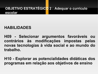 HABILIDADES H09 - Selecionar argumentos favoráveis ou contrários às modificações impostas pelas novas tecnologias à vida social e ao mundo do trabalho.  H10 - Explorar as potencialidades didáticas dos programas em relação aos objetivos de ensino OBJETIVO ESTRATÉGICO 2 : Adequar o currículo escolar  