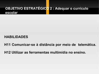 HABILIDADES H11 Comunicar-se à distância por meio de  telemática. H12 Utilizar as ferramentas multimídia no ensino.  OBJETIVO ESTRATÉGICO 2 : Adequar o currículo escolar  