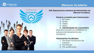 Eternyon Academy
Está Operacional a estrutura de treinamentos da
Eternyon Academy.

Bônus de Upgrade

Estrutura completa para Treinamentos:
1. Em texto;
2. Áudio;
3. Vídeo;
4. Slides;
5. Interatividade em comentários.
Esses itens resultam em SINERGIA na
estrutura de treinamentos da
academia.
Treinamentos Focalizados:
1. Por Níveis na estrutura de
Carreira
2. Por Período
3. Por qualificação
©Copyright 2014, All Rights Reserved, Eternyon, LLC

 
