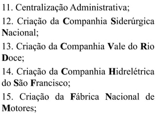 11. Centralização Administrativa;
12. Criação da Companhia Siderúrgica
Nacional;
13. Criação da Companhia Vale do Rio
Doce;
14. Criação da Companhia Hidrelétrica
do São Francisco;
15. Criação da Fábrica Nacional de
Motores;
 