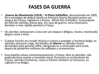 INÍCIO DA GUERRAÁUSTRIA DECLARA GUERRA A SÉRVIA;RÚSSIA APÓIA SÉRVIA;ALEMANHA APÓIA A ÁUSTRIA;ITÁLIA  (NEUTRA) PASSOU A INTEGRAR A ENTENTE EM 1915;INGLATERRA ENTROU NA GUERRA DEVIDO A INVASÃO DA BÉLGICA E FRANÇA