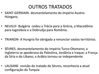 TRATADO DE VERSALHES  A PAZ DOS VENCEDORESO tratado de Versalhes estabelecia que a Alemanha era obrigada a: reduzir seu poderio bélico, ficando proibida de possuir força aérea, de fabricar armas e de ter um exército superior a 100 mil homensrestituir a Alsácia e a Lorena à França; 