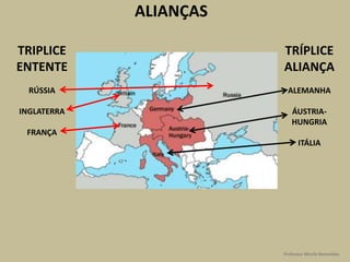 ALIANÇAS
TRIPLICE
ENTENTE
RÚSSIA
INGLATERRA
FRANÇA
TRÍPLICE
ALIANÇA
ALEMANHA
ÁUSTRIA-
HUNGRIA
ITÁLIA
Professor Murilo Benevides
 