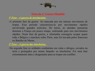Fases da 1.ª Guerra Mundial:
1ª Fase - A guerra de movimentos
-A primeira fase da guerra foi marcada por um intenso movimento de
tropas. Esse período caracterizou-se por movimentos rápidos
envolvendo grandes exércitos. De início, ao alemães pensaram
dominar a França em pouco tempo, realizando para isso movimentos
rápidos. Nesta fase da guerra, a Alemanha conseguiu ocupar quase
toda a Bélgica e marchou sobre Paris, mas foi travada pelos franceses
na Batalha de Marne.
2ª Fase - A guerra das trincheiras
-Na segunda fase os soldados combatiam em valas e abrigos, cavados na
terra e protegidos por arame farpado- as trincheiras. Foi uma fase
extremamente dura e desgastante para as tropas em conflito.
 