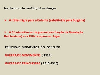 No decorrer do conflito, há mudanças
 A Itália migra para a Entente (substituída pela Bulgária)
 A Rússia retira-se da guerra ( em função da Revolução
Bolchevique) e os EUA ocupam seu lugar.
PRINCIPAIS MOMENTOS DO CONFLITO
GUERRA DE MOVIMENTO ( 1914)
GUERRA DE TRINCHEIRAS ( 1915-1918)
 