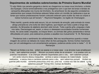 "O odor fétido nos penetra garganta a dentro ao chegarmos na nossa nova trincheira, a direita
dos Éparges. Chove torrencialmente e nos protegemos com o que tem de lonas e tendas de
campanha afiançadas nos muros da trincheira. Ao amanhecer do dia seguinte constatamos
estarrecidos que nossas trincheiras estavam feitas sobre um montão de cadáveres e que as
lonas que nossos predecessores haviam colocado estavam para ocultar da vista os corpos e
restos humanos que ali haviam." - Raymond Naegelen, na região de Champagne .
"Pela manhã, quando ainda está escuro, há um momento de emoção: pela entrada do nosso
abrigo precipita-se uma turba de ratos fugitivos, que trepam por toda a parte a longo das
paredes. As lâmpadas de algibeira alumiam este túmulo. Toda a gente grita, pragueja e bate
nos ratos. Descarregam-se, assim, a raiva e o desespero acumulados durante numerosas
horas. As caras estão crispadas, os braços ferem, os animais dão gritos penetrantes e temos
dificuldades em parar, pois estávamos prestes a assaltar-nos mutuamente." E. M. Remarque
"Perdemos todo o sentimento de solidariedade. Mal nos reconhecemos quando a nossa
imagem de outrora cai debaixo do nosso olhar de fera perseguida. Somos mortos insensíveis
que, por um estratagema e um encantamento perigoso, podemos ainda correr e matar." - E. M.
Remarque
"Secam as fontes e os rios, ardem as searas e a nossa casa e as árvores nuas amaldiçoam
o céu, sem sabermos porquê. Morrem os jovens antes de se amarem e os poetas com os
poemas inacabados e as crianças olhando espantadas para o céu, sem saberem porquê.
Um vento noturno deixou insepultos ventres e seios e desejos de maternidade nunca
realizados, e secou risos e cantares subindo para o céu, sem sabermos porquê. Andam as
guerras pelo mundo: somente possuímos uma voz, uma voz e essa voz não se calará e nós
sabemos porquê!" Tomaz Kim, Campo de Batalha
Depoimentos de soldados sobreviventes da Primeira Guerra Mundial
 