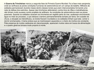 A Guerra de Trincheiras marcou a segunda fase da Primeira Guerra Mundial. Foi a fase mais sangrenta,
onde se verificava as piores condições humanas de sobrevivência em um campo de batalha. Milhares de
soldados permaneciam durante meses dentro desses túneis que eram interconectados formando uma
rede de defesa dos exércitos. Apesar das trincheiras defenderem contra tiros de rifles e metralhadoras,
não tinham muito sucesso contra projéteis de artilharia. As condições de sobrevivência eram as piores
possíveis. Quando os soldados cavavam as trincheiras em regiões perto do mar, acabavam encontrando
água no meio do processo, o que deixava o terreno permanentemente tomado por lama. Em ocasião de
chuva, a situação se intensificava, os túneis ficavam inundados e os soldados tinham que lutar, comer e
dormir encharcados. A lama evitava que se mantivessem aquecidos e o cheiro de mortos era constante.
Pela presença de muitos cadáveres em decomposição, apareciam muitos ratos em busca de alimentação
e o quadro geral se tornava muito propício à morte.
 