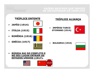 PAÍSES NEUTROS QUE DEPOIS
    Pós-Graduação       SE INCORPORAM AO CONFLITO


    TRÍPLICE ENTENTE               TRÍPLICE ALIANÇA

• JAPÃO (1914)
                             •   IMPÉRIO TURCO
• ITÁLIA (1915)                  OTOMANO (1914)


• ROMÊNIA (1916)

• GRÉCIA (1917)              •   BULGARIA (1915)




• RÚSSIA SAI DO CONFLITO E
  NO SEU LUGAR ENTRAM OS
  ESTADOS UNIDOS (1917).
 