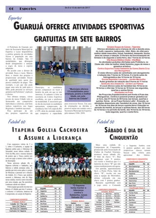 Primeira Hora06 Esportes De 8 à 13 de abril de 2017
Esportes
A Prefeitura de Guarujá, por
meio da Secretaria Municipal de
Esportes e Lazer disponibiliza
a prática gratuita de atividades
físicas à população em sete
bairros da Cidade. São 13
modalidades, que abrangem
desde alongamento e natação
a jogos de mesa e esporte
adaptado.
De acordo com o diretor de
atividade física e lazer, Márcio
Reis, o intuito dos projetos é
proporcionar atividades físicas
de qualidade para quem não
possui condições de pagar. “Por
exemplo, o pai que não pode
pagar uma aula de judô para o
filho, pode procurar os serviços
gratuitos da Prefeitura”, explicou
o diretor.
Nos últimos tempos, vários
jovens da nossa Cidade vem se
destacando nas competições
individuais e coletivas, com bons
índices esportivos nos Jogos
Regionais e também nacionais.
Para participar de um
dos projetos esportivos do
“Município oferece
13 modalidades para
crianças, jovens e melhor
idade, em sete
bairros da Cidade”
Futebol 60
ITAPEMA GOLEIA CACHOEIRA
E ASSUME A LIDERANÇA
Mais uma rodada do
Campeonato de Cinquentão,
promovido pela Associação de
Clubes de Futebol Veterano,
acontece nesse sábado (8).
O líder da chave “A”, Boa
Esperança com 9 pontos,
vai visitar o América que é o
lanterna da chave “B” que não
somou nenhum ponto até agora.
Em partida, aparentemente
fácil, a Ponte Preta, líder da
chave “B”, recebe em sua
casa a equipe do Morrinhos,
sétima colocada em sua
chave com 5 pontos ganhos.
Bastante equilibrado será
o jogo entre o Comando
SÁBADO É DIA DE
CINQUENTÃO
Com expressiva vitória de 5 a
1, sobre o Cachoeira, a equipe do
Itapema pulou para a liderança do
Sessentão nessa última rodada. O
Vovô da Ilha, tem o mesmo número
de pontos que o Vasco, porém um
com um jogo a menos como critério
de desempate.
Nesse próximo sábado (8), o
Itapema enfrenta o Saldanha, que
liderava a tabela semanas atrás. A
partida que terá como palco o campo
do Miramar, e promete ser o clássico
da rodada. Já o Vasco, que poderia
assumir a liderança, esta de folga
nessa rodada, mesmo assim torcendo
por uma empate, que lhe permitiria
continuar colodo nos lideres
Outraequipequepodeencostarnos
lideres, é Cubatão que tem 11 pontos,
e enfrenta o Cachoeira, lanterna do
Campeonato, no campo do Itapema.
e o Itapema. Ambos com
6 pontos ganhos em suas
respectivas chaves tentam
buscar uma vitória para
aproximar dos líderes.
“O Itapema
tenta manter a
liderança
contra o
Saldanha, nesse
Sábado (8)”
Futebol 50
GUARUJÁ OFERECE ATIVIDADES ESPORTIVAS
GRATUITAS EM SETE BAIRROS
Município, os candidatos
devem comparecer no local e
horário da aula em que se tem
interesse. O cadastro é feito na
secretaria do Centro Esportivo
escolhido, ou com o professor
da modalidade. É necessário que
no dia da inscrição os candidatos
apresentem comprovante de
residência, foto 3x4, cópia do RG
e CPF, além do atestado médico
que comprove a capacidade
para exercícios físicos. Em caso
de orientações ou dúvidas é
possível entrar em contato com a
Secretaria Municipal de Esportes
pelo número 3386- 2058.
Ginásio Duque de Caxias - Tejereba
Oferece atividades para crianças de oito a dezoito anos,
de Judô, capoeira, taekwondo, vôlei. Além, de vôlei para
melhor idade masculino, futsal, handebol, basquete, bocha,
tênis de campo e natação. O Horário de funcionamento do
Ginásio é de segunda a sexta-feira, das 7 horas às 22 horas.
Vila Souza Atlético Clube - Vila Maia
As atividades gratuitas ofertadas pela Prefeitura, no
Clube são: vôlei da melhor idade feminino, jogos de mesa e
ginástica artística.
Centro Esportivo Clube Saldanha da Gama (Santa Cruz
dos Navegantes)
O clube oferece aulas de caminhada com alongamento
e natação das 7 horas às 10 horas. E a tarde aulas de
hidroginástica das 14 horas às 16 horas.
Escola Napoleão Laureano - Jardim Maravilha
Aulas gratuitas de natação das 8 horas às 11 horas
Sindicato dos Zeladores - Jardim Las Palmas
O Local oferece aulas de handebol das 16 horas às
18 horas e vôlei das 14 horas às 16 horas nas segundas,
quartas e sextas-feiras.
Atividades na Praia
Na Praça dos Expedicionários (em frente à Praia das
Pitangueiras - Centro) é possível praticar ginástica ao
ar livre, das 07 horas às 08 horas nas terças, quartas e
quintas -feiras. Já na Praça Horácio Lafer - Enseada, as
atividades disponíveis são: handebol de areia, das 16 horas
às 18 horas nos dias de terça e quinta-feira e futevôlei no
período da manhã, às terças e quintas-feiras, das 08 horas
às 12 horas e no período da tarde, das 16 horas às 18 horas,
toda segunda, quarta e sexta-feira.
 