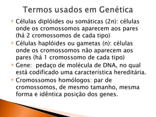    Células diplóides ou somáticas (2n): células
    onde os cromossomos aparecem aos pares
    (há 2 cromossomos de cada tipo)
   Células haplóides ou gametas (n): células
    onde os cromossomos não aparecem aos
    pares (há 1 cromossomo de cada tipo)
   Gene: pedaço de molécula de DNA, no qual
    está codificado uma característica hereditária.
   Cromossomos homólogos: par de
    cromossomos, de mesmo tamanho, mesma
    forma e idêntica posição dos genes.
 