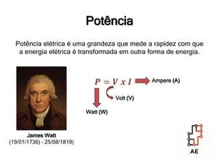 Potência
Potência elétrica é uma grandeza que mede a rapidez com que
a energia elétrica é transformada em outra forma de energia.
James Watt
(19/01/1736) – 25/08/1819)
𝑷 = 𝑽 𝒙 𝑰
Watt (W)
Volt (V)
Ampere (A)
 