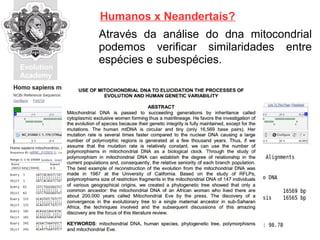 Evolution
Academy
Através da análise do dna mitocondrial
podemos verificar similaridades entre
espécies e subespécies.
Humanos x Neandertais?
 