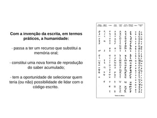 Com a invenção da escrita, em termos
      práticos, a humanidade:

 · passa a ter um recurso que substitui a
               memória oral;

· constitui uma nova forma de reprodução
            do saber acumulado;

 · tem a oportunidade de selecionar quem
teria (ou não) possibilidade de lidar com o
              código escrito.
 