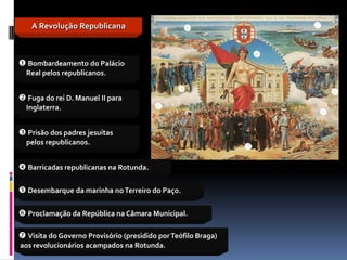 A Revolução Republicana                                            


                                                                   
 Bombardeamento do Palácio
  Real pelos republicanos.

                                                                          
 Fuga do rei D. Manuel II para
  Inglaterra.                            
                                                                       

 Prisão dos padres jesuítas
  pelos republicanos.
                                                               

 Barricadas republicanas na Rotunda.

 Desembarque da marinha no Terreiro do Paço.

 Proclamação da República na Câmara Municipal.

 Visita do Governo Provisório (presidido por Teófilo Braga)
aos revolucionários acampados na Rotunda.
 
