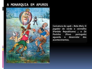 A MONARQUIA EM APUROS




                        Caricatura de 1906 – Bola (Rei); O
                        jogador de verde e vermelho
                        (Partido Republicano) ; o Zé
                        Povinho     (Povo     português)
                        aguarda o desenrolar dos
                        acontecimentos.
 