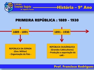 Prof. Francisco Rodrigues
História – 9º Ano
PRIMEIRA REPÚBLICA : 1889 - 1930
1889 - 1891 1891 - 1930
REPÚBLICA DA ESPADA
(Gov. Militar)
- Organização do País -
REPÚBLICA OLIGÁRQUICA
(Grandes Cafeicultores)
- Produção e exportação do
café -
 