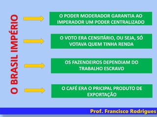 Prof. Francisco Rodrigues
O PODER MODERADOR GARANTIA AO
IMPERADOR UM PODER CENTRALIZADO
O VOTO ERA CENSITÁRIO, OU SEJA, SÓ
VOTAVA QUEM TINHA RENDA
OS FAZENDEIROS DEPENDIAM DO
TRABALHO ESCRAVO
O CAFÉ ERA O PRICIPAL PRODUTO DE
EXPORTAÇÃO
OBRASILIMPÉRIO
 