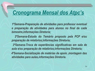 Cronograma Mensal dos Atpc’s
1ºSemana-Preparação de atividades para professor eventual
e preparação de atividades para alunos no final de cada
bimestre,informações Diretoria;
2ºSemana-Estudo do Temário proposto pela PCP e/ou
preparação de relatórios;informações Diretoria;
3ºSemana-Troca de experiências significativas em sala de
aula e/ou preparação de relatórios;informações Diretoria;
4ºSemana-Socialização de matérias de apoio ,montagem das
atividades para aulas,informações Diretoria.
36
 