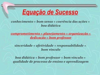 conhecimento + bom senso + coerência das ações =
boa didática
comprometimento + planejamento + organização +
dedicação = bom professor
sinceridade + afetividade + responsabilidade =
bom vínculo
boa didática + bom professor + bom vínculo =
qualidade de processo de ensino e aprendizagem
Equação de Sucesso
 