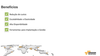 Benefícios
✔ Redução de custos
✔ Escalabilidade e Elasticidade
✔ Alta Disponibilidade
✔ Ferramentas para Implantação e Gestão
 