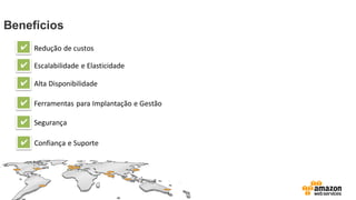 Benefícios
✔ Redução de custos
✔ Escalabilidade e Elasticidade
✔ Alta Disponibilidade
✔ Ferramentas para Implantação e Gestão
✔ Segurança
✔ Confiança e Suporte
 