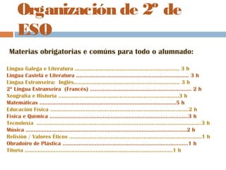 Organización de 2º de
ESO
Materias obrigatorias e comúns para todo o alumnado:
Lingua Galega e Literatura ……………………………………………………….. 3 h
Lingua Castelá e Literatura ……………………………….................................. 3 h
Lingua Estranxeira: Inglés………………………………………………………… 3 h
2ª Lingua Estranxeira (Francés) ……….…………………................................ 2 h
Xeografía e Historia ………………..……………………………………………….3 h
Matemáticas ………………………………………………………………………….5 h
Educación Física …………………………………….…........................................2 h
Física e Química …………………………………….…........................................3 h
Tecnoloxía ……….............................................................................................3 h
Música ………………………………………………..............................................2 h
Relixión / Valores Éticos …...............................................................................1 h
Obradoiro de Plástica ……………………………….………................................1 h
Titoría ………………………………………………………………………………..1 h
 