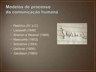 •   Retórico (IV. a.C)
•   Lasswell (1948)
•   Shanon e Weaver (1949)
•   Newcomb (1953)
•   Schramm (1954)
•   Gerbner (1956)
•   Jakobson (1960)
 