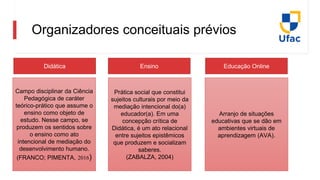 Organizadores conceituais prévios
Didática Ensino Educação Online
Campo disciplinar da Ciência
Pedagógica de caráter
teórico-prático que assume o
ensino como objeto de
estudo. Nesse campo, se
produzem os sentidos sobre
o ensino como ato
intencional de mediação do
desenvolvimento humano.
(FRANCO; PIMENTA, 2016)
Prática social que constitui
sujeitos culturais por meio da
mediação intencional do(a)
educador(a). Em uma
concepção crítica de
Didática, é um ato relacional
entre sujeitos epistêmicos
que produzem e socializam
saberes.
(ZABALZA, 2004)
Arranjo de situações
educativas que se dão em
ambientes virtuais de
aprendizagem (AVA).
 