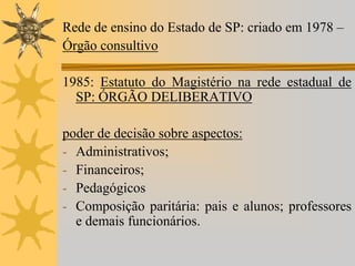 Rede de ensino do Estado de SP: criado em 1978 –
Órgão consultivo
1985: Estatuto do Magistério na rede estadual de
SP: ÓRGÃO DELIBERATIVO
poder de decisão sobre aspectos:
- Administrativos;
- Financeiros;
- Pedagógicos
- Composição paritária: pais e alunos; professores
e demais funcionários.

 