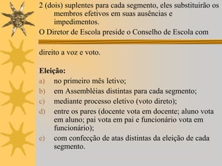 2 (dois) suplentes para cada segmento, eles substituirão os
membros efetivos em suas ausências e
impedimentos.
O Diretor de Escola preside o Conselho de Escola com
direito a voz e voto.
Eleição:
a) no primeiro mês letivo;
b) em Assembléias distintas para cada segmento;
c) mediante processo eletivo (voto direto);
d) entre os pares (docente vota em docente; aluno vota
em aluno; pai vota em pai e funcionário vota em
funcionário);
e) com confecção de atas distintas da eleição de cada
segmento.

 