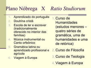 Plano Nóbrega  X  Ratio Studiorum Aprendizado do português Doutrina cristã Escola de ler e escrever (tradicionalmente oferecido no interior das famílias) Música instrumental ou Canto orfeônico Gramática latina ou aprendizado profissional e agrícola  Viagem à Europa Curso de Humanidades (estudos menores – quatro séries de gramática, uma de humanidades e uma de retórica) Curso de Filosofia Curso de Teologia Viagem à Europa 