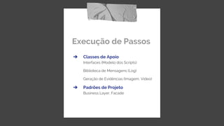Execução de Passos
➔ Classes de Apoio
Interfaces (Modelo dos Scripts)
Biblioteca de Mensagens (Log)
Geração de Evidências (Imagem, Vídeo)
➔ Padrões de Projeto
Business Layer, Facade
 