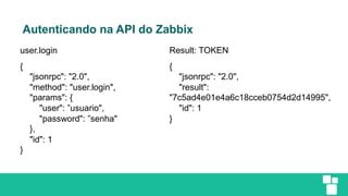 Autenticando na API do Zabbix
{
"jsonrpc": "2.0",
"method": "user.login",
"params": {
"user": ”usuario",
"password": ”senha"
},
"id": 1
}
{
"jsonrpc": "2.0",
"result":
"7c5ad4e01e4a6c18cceb0754d2d14995",
"id": 1
}
user.login Result: TOKEN
 
