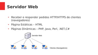 Servidor Web
●
Receber e responder pedidos HTTP/HTTPS de clientes
(navegadores)
●
Página Estáticas – HTML
●
Páginas Dinâmicas – PHP, Java, Perl, .NET,C#
Servidor Web
Clientes (Navegadores)
 