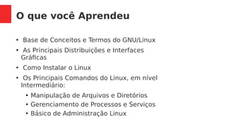 O que você Aprendeu
●
Base de Conceitos e Termos do GNU/Linux
●
As Principais Distribuições e Interfaces
Gráficas
●
Como Instalar o Linux
●
Os Principais Comandos do Linux, em nível
Intermediário:
●
Manipulação de Arquivos e Diretórios
●
Gerenciamento de Processos e Serviços
●
Básico de Administração Linux
 