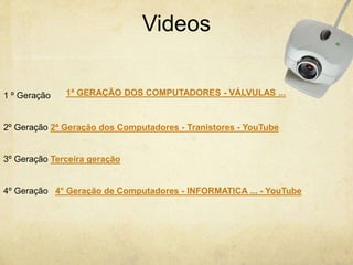 Videos
1 º Geração
2º Geração 2ª Geração dos Computadores - Tranistores - YouTube
3º Geração Terceira geração
4º Geração 4° Geração de Computadores - INFORMATICA ... - YouTube
1ª GERAÇÃO DOS COMPUTADORES - VÁLVULAS ...
 