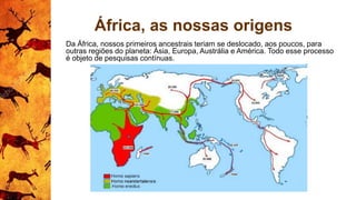 África, as nossas origens
Da África, nossos primeiros ancestrais teriam se deslocado, aos poucos, para
outras regiões do planeta: Ásia, Europa, Austrália e América. Todo esse processo
é objeto de pesquisas contínuas.
 