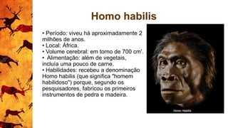 Homo habilis
• Período: viveu há aproximadamente 2
milhões de anos.
• Local: África.
• Volume cerebral: em torno de 700 cm'.
• Alimentação: além de vegetais,
incluía uma pouco de carne.
• Habilidades: recebeu a denominação
Homo habilis (que significa "homem
habilidoso") porque, segundo os
pesquisadores, fabricou os primeiros
instrumentos de pedra e madeira.
 