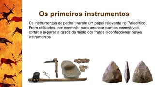 Os primeiros instrumentos
Os instrumentos de pedra tiveram um papel relevante no Paleolítico.
Eram utilizados, por exemplo, para arrancar plantas comestíveis,
cortar e separar a casca do miolo dos frutos e confeccionar novos
instrumentos
 