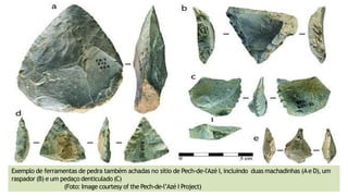 Exemplo de ferramentas de pedra também achadas no sítio de Pech-de-l'Azé I, incluindo duas machadinhas (Ae D), um
raspador (B) e um pedaço denticulado (C)
(Foto: Image courtesy of the Pech-de-l’Azé I Project)
 