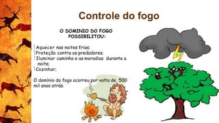 Controle do fogo
O DOMINIO DO FOGO
POSSIBILITOU:
Aquecer nas noites frias;
Proteção contra os predadores;
Iluminar caminho e as moradias durante a
noite;
Cozinhar;
O domínio do fogo ocorreu por volta de 500
mil anos atrás.
 