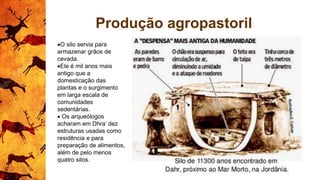 Produção agropastoril
O silo servia para
armazenar grãos de
cevada.
Ele é mil anos mais
antigo que a
domesticação das
plantas e o surgimento
em larga escala de
comunidades
sedentárias.
 Os arqueólogos
acharam em Dhra’ dez
estruturas usadas como
residência e para
preparação de alimentos,
além de pelo menos
quatro silos.
 
