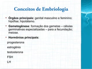 
Órgãos principais: genital masculino e feminino;
hipófise; hipotálamo.

Gametogênese: formação dos gametas – células
germinativas especializadas – para a fecundação;
meiose.

Hormônios principais:
progesterona
estrogênio
testosterona
FSH
LH
Conceitos de Embriologia
 
