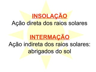 INSOLAÇÃO
Ação direta dos raios solares
INTERMAÇÃO
Ação indireta dos raios solares:
abrigados do sol
 