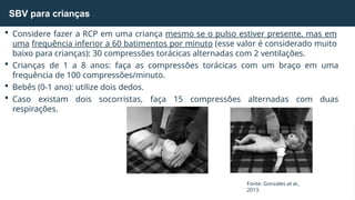  Considere fazer a RCP em uma criança mesmo se o pulso estiver presente, mas em
uma frequência inferior a 60 batimentos por minuto (esse valor é considerado muito
baixo para crianças): 30 compressões torácicas alternadas com 2 ventilações.
 Crianças de 1 a 8 anos: faça as compressões torácicas com um braço em uma
frequência de 100 compressões/minuto.
 Bebês (0-1 ano): utilize dois dedos.
 Caso existam dois socorristas, faça 15 compressões alternadas com duas
respirações.
SBV para crianças
Fonte: Gonzales et al.,
2013.
 