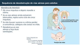 Manobra de Heimlich:
 Dê cinco impulsos e depois reavalie a
vítima.
 Se as vias aéreas ainda estiverem
obstruídas, repita outro ciclo de cinco
impulsos.
 Se não houver sucesso e a vítima perder
a consciência, coloque-a de costas no chão.
 Desobstrua as vias
aéreas e faça duas
ventilações.
Sequência de desobstrução de vias aéreas para adultos
Fonte: Adaptado de:
MOORE,
K. et al. Anatomia orientada
para a clínica. 7. ed. Rio de
Janeiro: Guanabara
Local subdiafragmático para
posicionamento das mãos
Posição das mãos
 