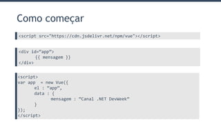 Como começar
<script src="https://cdn.jsdelivr.net/npm/vue"></script>
<div id=“app”>
{{ mensagem }}
</div>
<script>
var app = new Vue({
el : “app”,
data : {
mensagem : “Canal .NET DevWeek”
}
});
</script>
 