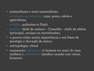 nomandismo e semi-nomandismo.  atividades econômicas:  caça, pesca, coleta e agricultura.  religião:  politeísta (o Pajé).  política:  chefe de maloca – Conselho - chefe da aldeia (principal, cacique ou morubixaba).  a guerra tinha muita importância e era fonte de prestigio e elevação de status.  antropofagia: ritual. casamento:  poligênico  (o homem ter mais de uma mulher) e  poliândrico  (mulher casada com vários homens) . 
