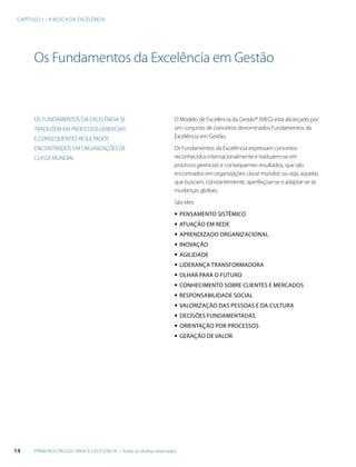 14 PRIMEIROS PASSOS PARA A EXCELÊNCIA - Todos os direitos reservados
CAPÍTULO 1 - A BUSCA DA EXCELÊNCIA
Os Fundamentos da Excelência em Gestão
O Modelo de Excelência da Gestão® (MEG) está alicerçado por
um conjunto de conceitos denominados Fundamentos da
Excelência em Gestão.
Os Fundamentos da Excelência expressam conceitos
reconhecidos internacionalmente e traduzem-se em
processos gerenciais e consequentes resultados, que são
encontrados em organizações classe mundial, ou seja, aquelas
que buscam, constantemente, aperfeiçoar-se e adaptar-se às
mudanças globais.
São eles:
▪▪ PENSAMENTO SISTÊMICO
▪▪ ATUAÇÃO EM REDE
▪▪ APRENDIZADO ORGANIZACIONAL
▪▪ INOVAÇÃO
▪▪ AGILIDADE
▪▪ LIDERANÇA TRANSFORMADORA
▪▪ OLHAR PARA O FUTURO
▪▪ CONHECIMENTO SOBRE CLIENTES E MERCADOS
▪▪ RESPONSABILIDADE SOCIAL
▪▪ VALORIZAÇÃO DAS PESSOAS E DA CULTURA
▪▪ DECISÕES FUNDAMENTADAS
▪▪ ORIENTAÇÃO POR PROCESSOS
▪▪ GERAÇÃO DE VALOR
OS FUNDAMENTOS DA EXCELÊNCIA SE
TRADUZEM EM PROCESSOS GERENCIAIS
E CONSEQUENTES RESULTADOS
ENCONTRADOS EM ORGANIZAÇÕES DE
CLASSE MUNDIAL.
 